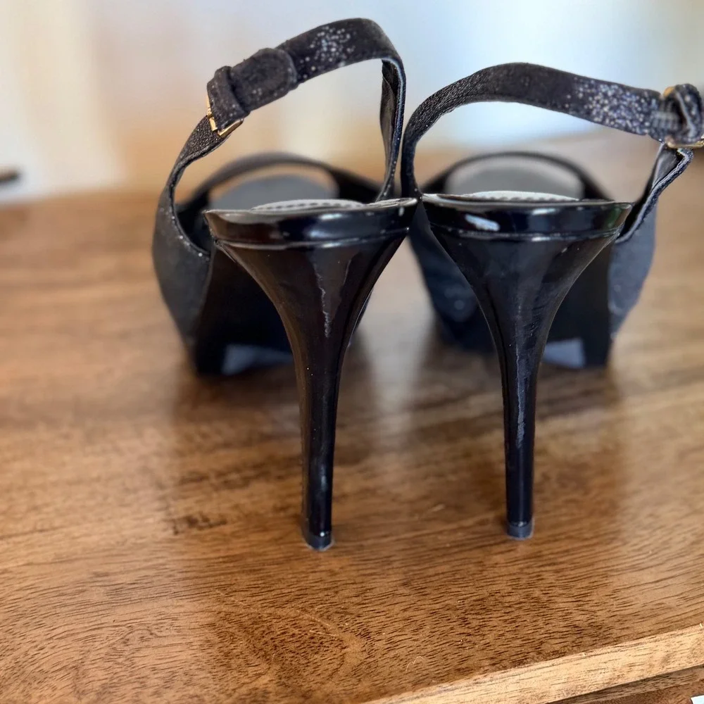 Marc Fisher Slingback Heels Women 8M Black‎ Glitter Peep Toe Platform Pump 5179